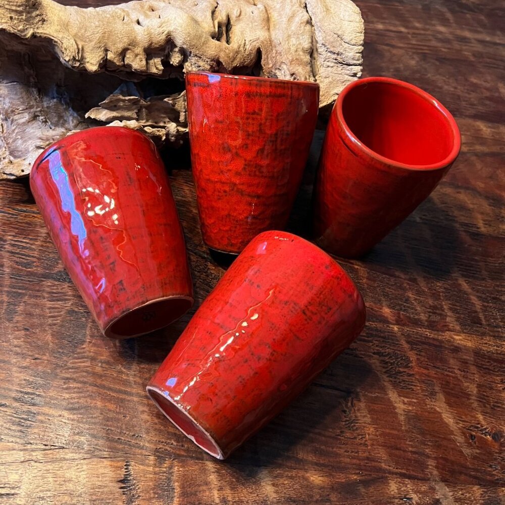 Noemi Ceramiche Handcrafted Ceramic Tumblers Set Of 4 Red Black Glaze Cups Made